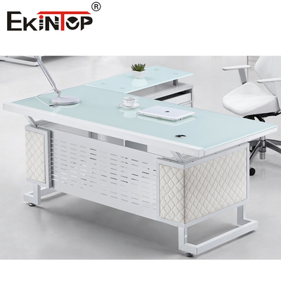 پایه فلزی آبی سفید میز اجرایی شیشه ای سطح بادوام جلا داده شده