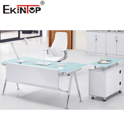 رویه میز شیشه ای کامپیوتر اداری مستطیل سفید آبی با کشو و فضای ذخیره سازی