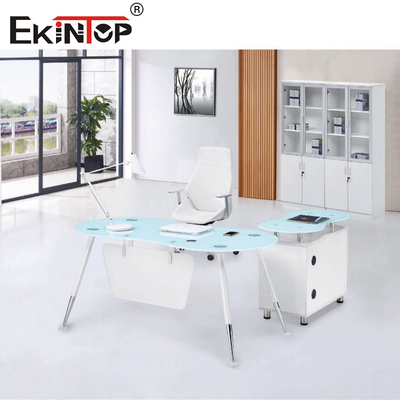 میز شیشه ای اداری مدیر عامل شرکت L شکل سفید آبی با سطح صاف کابینت
