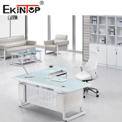 پایه فلزی آبی سفید میز اجرایی شیشه ای سطح بادوام جلا داده شده